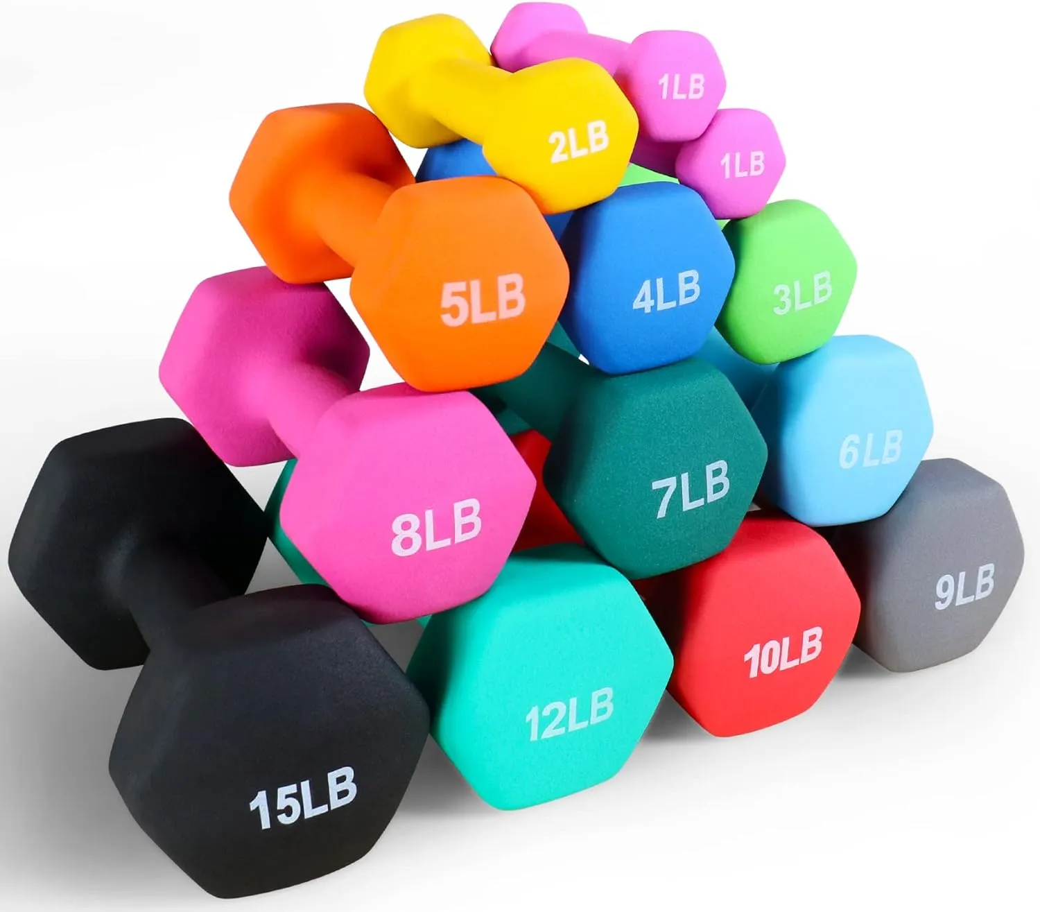 Neoprene Dumbbell Hand Weights, Anti-Slip, Anti-roll, Hex Shape Colorful, Pair or Set with Stand