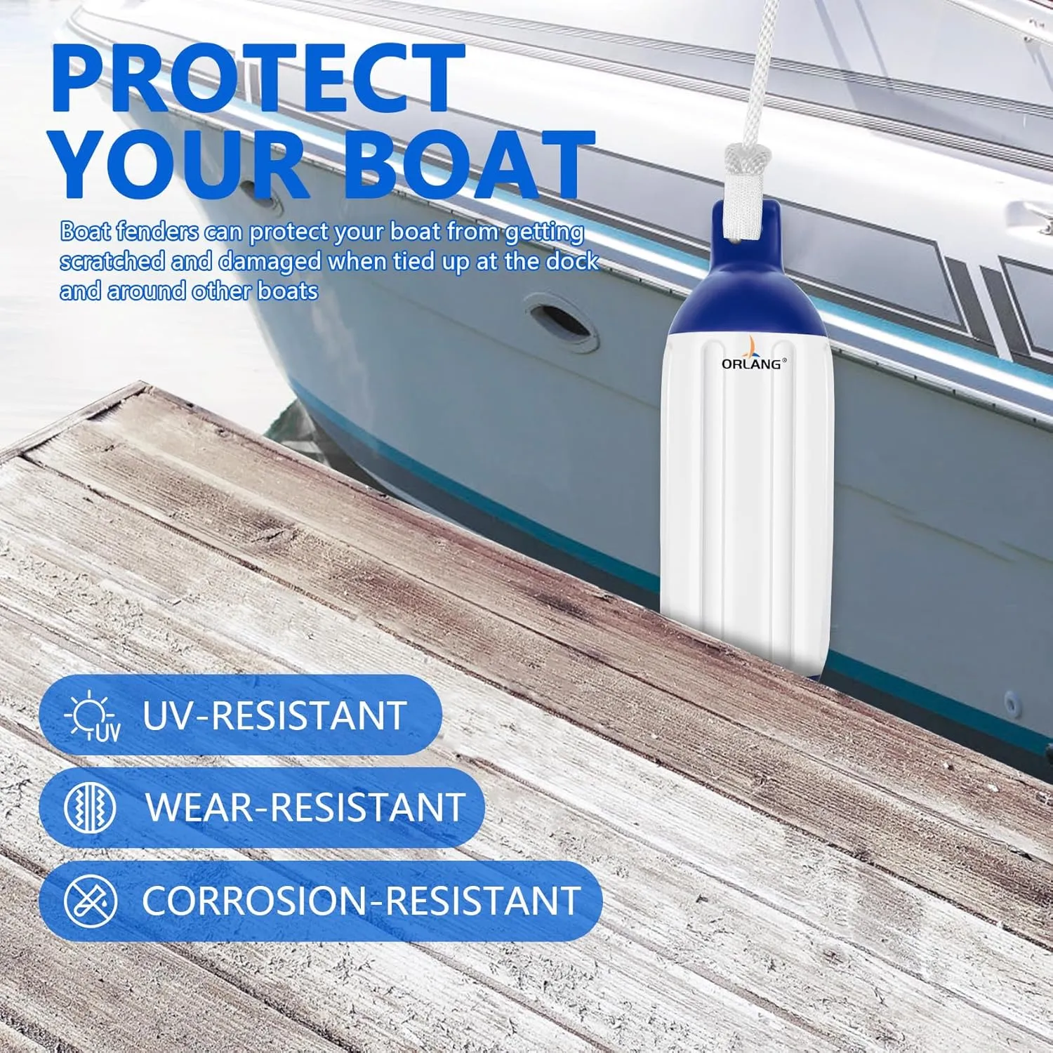 ORLANG 4.5in/5.5in/6.5in/8.5in/10in Boat Fenders, Boat Bumpers for Docking 4 Pack, Inflatable Ribbed Twin Eyes Vinyl Boat Bumpers Fenders with Air Pump,Ropes,Needles and Storage Bag