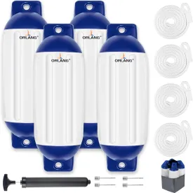 ORLANG 4.5in/5.5in/6.5in/8.5in/10in Boat Fenders, Boat Bumpers for Docking 4 Pack, Inflatable Ribbed Twin Eyes Vinyl Boat Bumpers Fenders with Air Pump,Ropes,Needles and Storage Bag