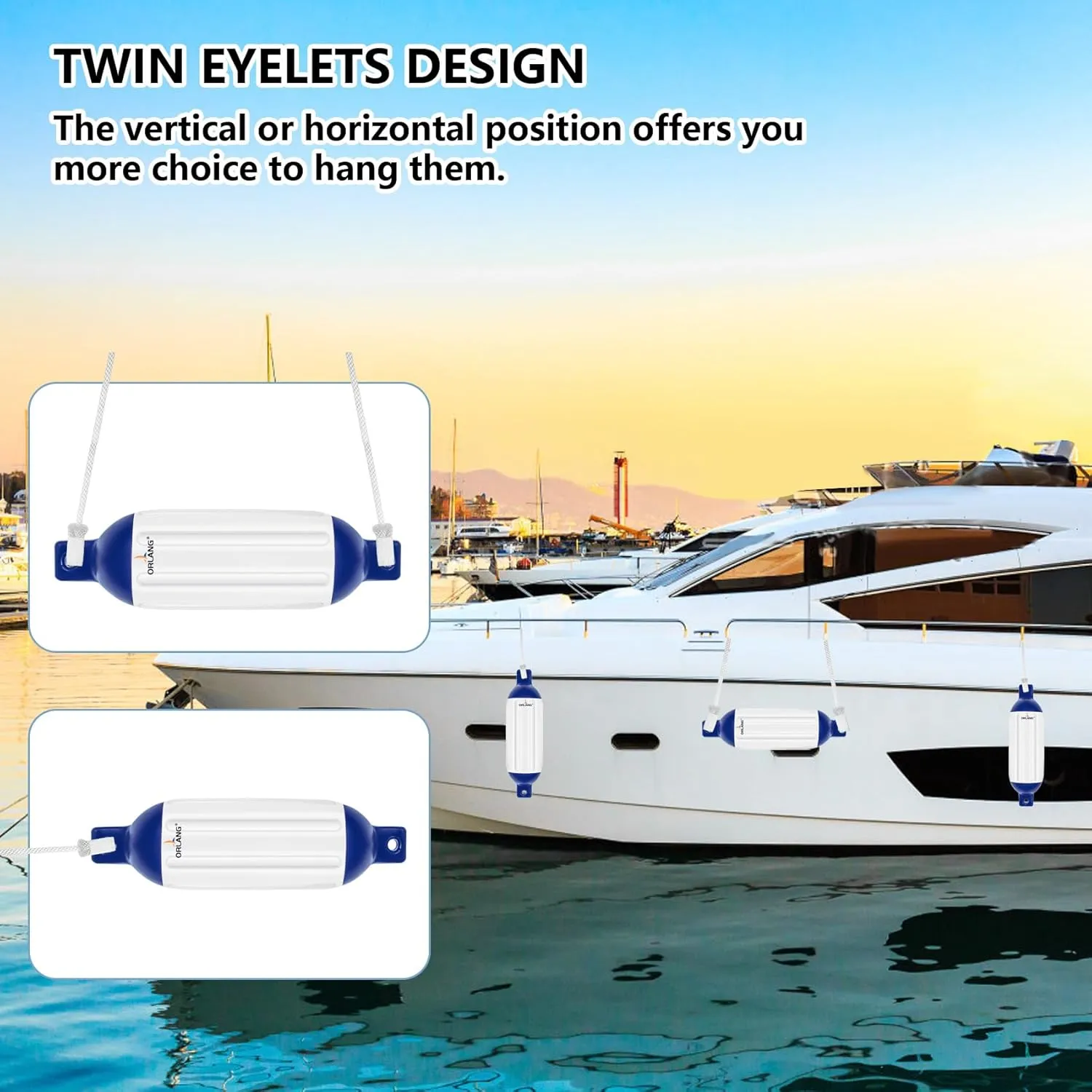 ORLANG 4.5in/5.5in/6.5in/8.5in/10in Boat Fenders, Boat Bumpers for Docking 4 Pack, Inflatable Ribbed Twin Eyes Vinyl Boat Bumpers Fenders with Air Pump,Ropes,Needles and Storage Bag