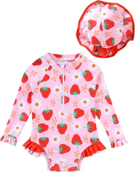 puseky Baby Girls One Piece Swimsuit Zip Rash Guard with Hat Set Swimwear Ruffled Cute Newborn Baby Girl Bathing Suit