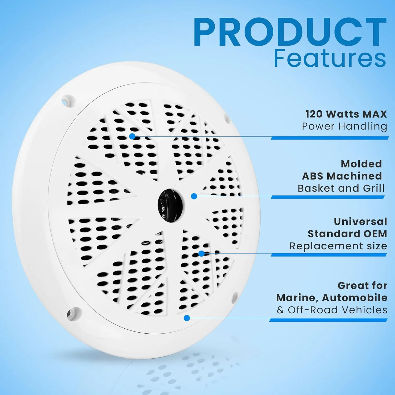 Pyle 6.5 Inch Dual Marine Speakers - 2 Way Waterproof and Weather Resistant Outdoor Audio Stereo Sound System with 120 Watt Power, Polypropylene Cone and Cloth Surround - 1 Pair - PLMR61W (White)