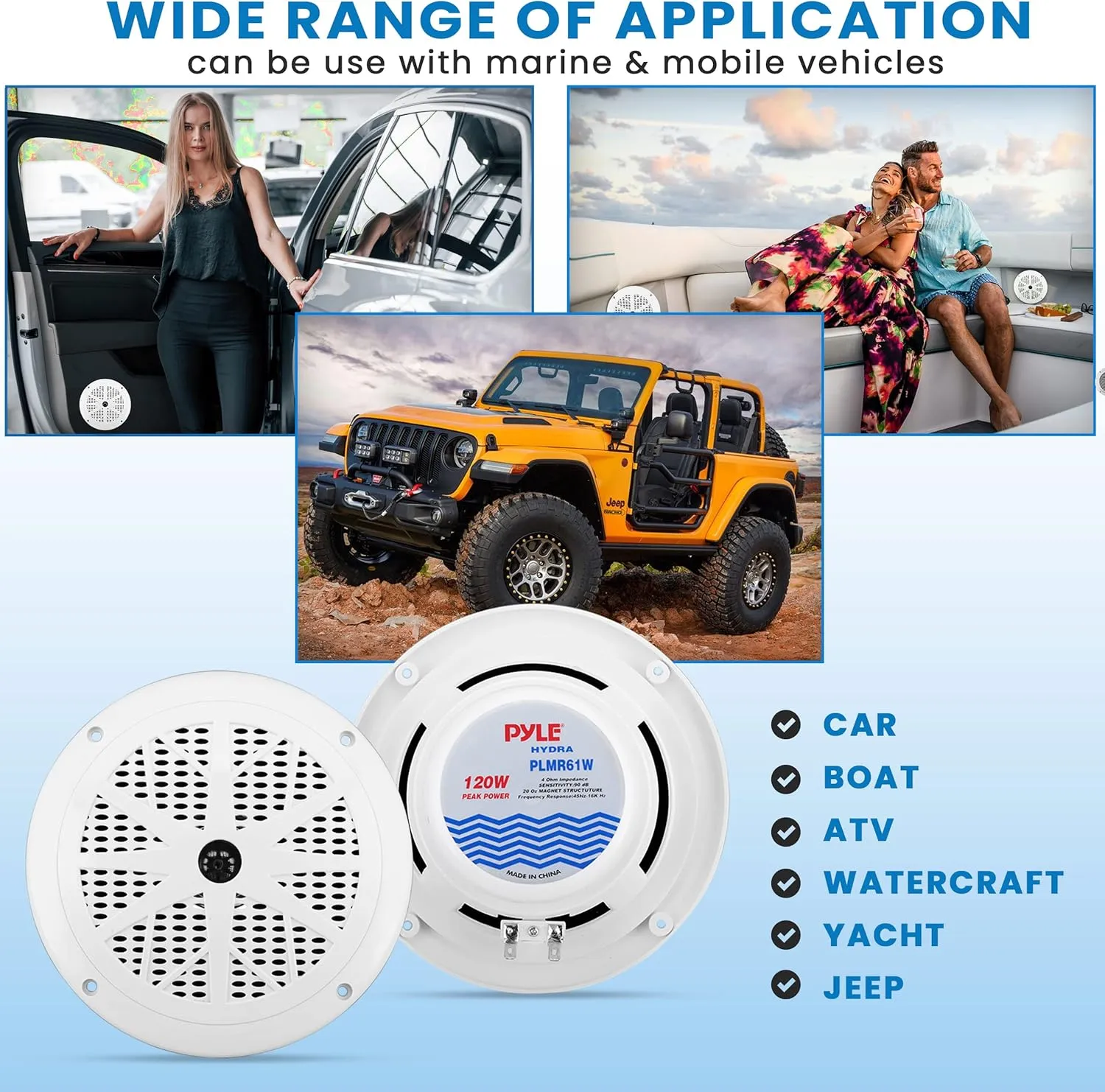 Pyle 6.5 Inch Dual Marine Speakers - 2 Way Waterproof and Weather Resistant Outdoor Audio Stereo Sound System with 120 Watt Power, Polypropylene Cone and Cloth Surround - 1 Pair - PLMR61W (White)