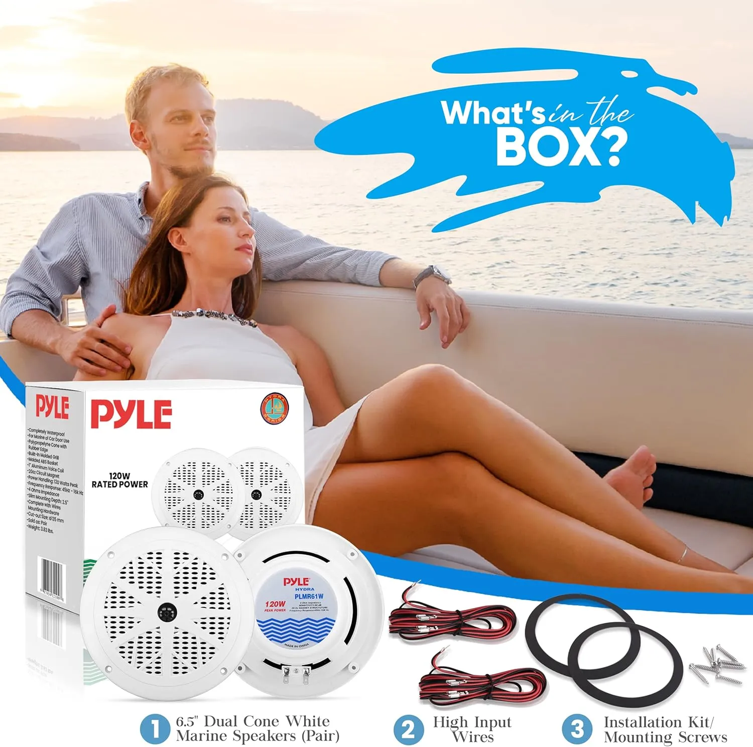 Pyle 6.5 Inch Dual Marine Speakers - 2 Way Waterproof and Weather Resistant Outdoor Audio Stereo Sound System with 120 Watt Power, Polypropylene Cone and Cloth Surround - 1 Pair - PLMR61W (White)