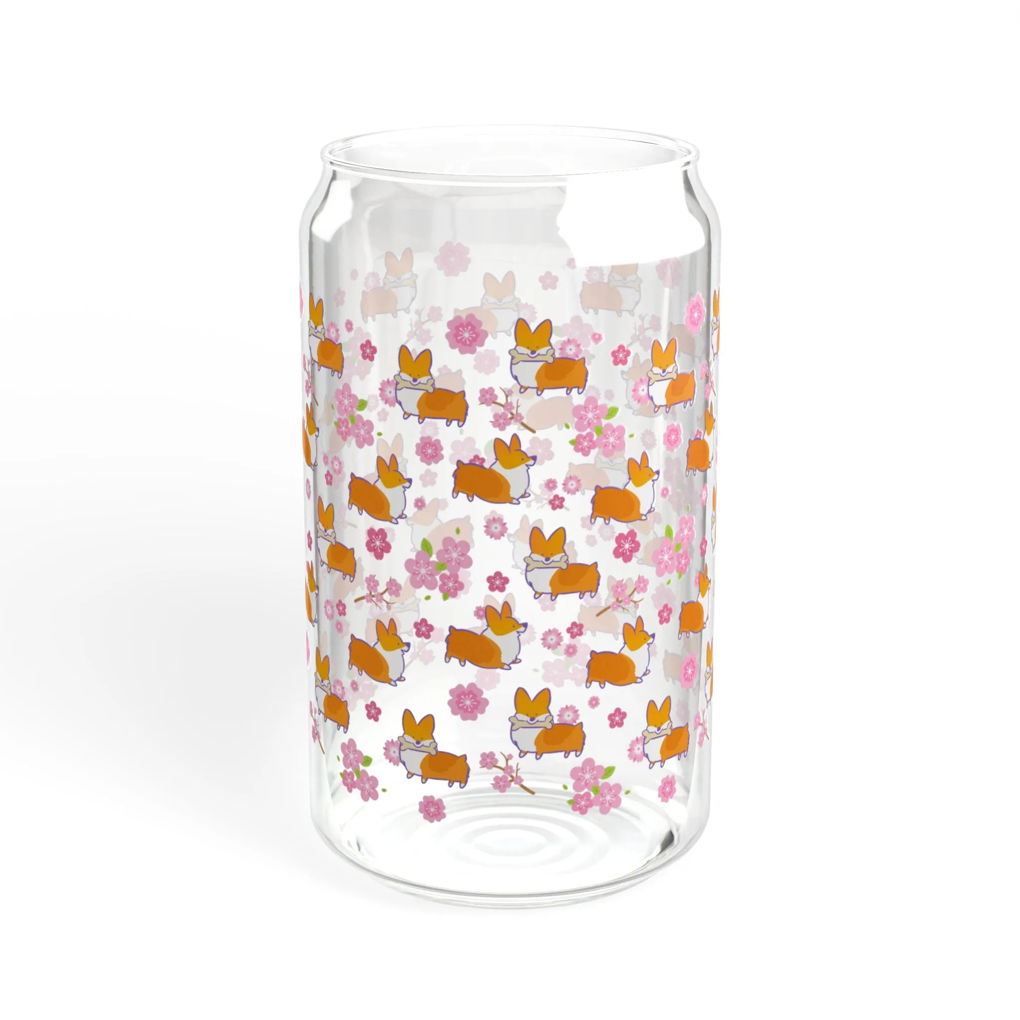 "Cherry Blossom Corgis" Glass Tumbler | 16oz