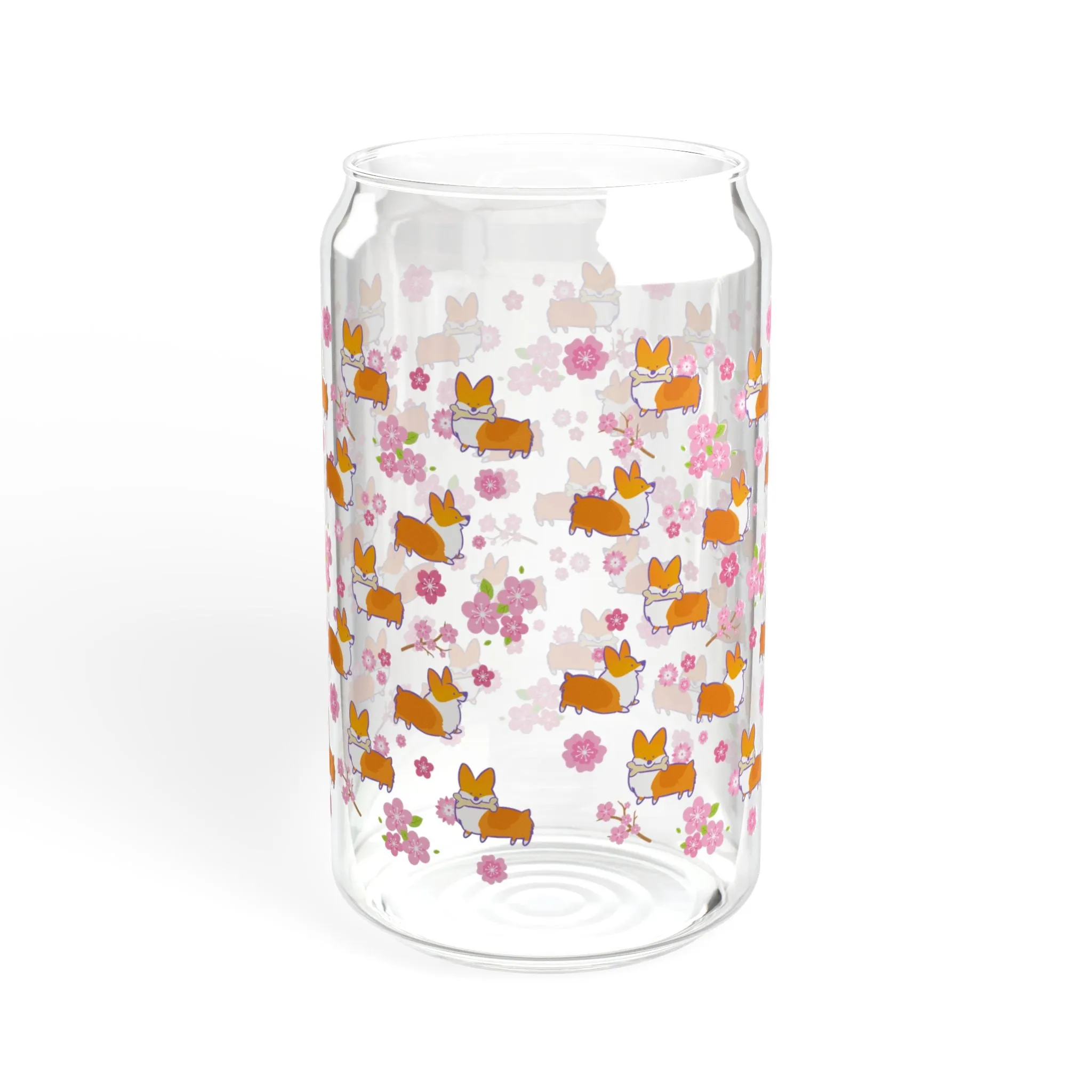 "Cherry Blossom Corgis" Glass Tumbler | 16oz