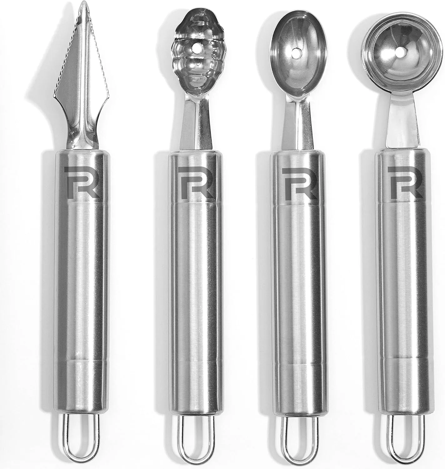 Riveira Melon Baller Scoop Set Stainless Steel 4-Piece Carving Knife Watermelon Cantaloupe Scooper for Cutting and Scooping Fruit Melons & Ice Cream