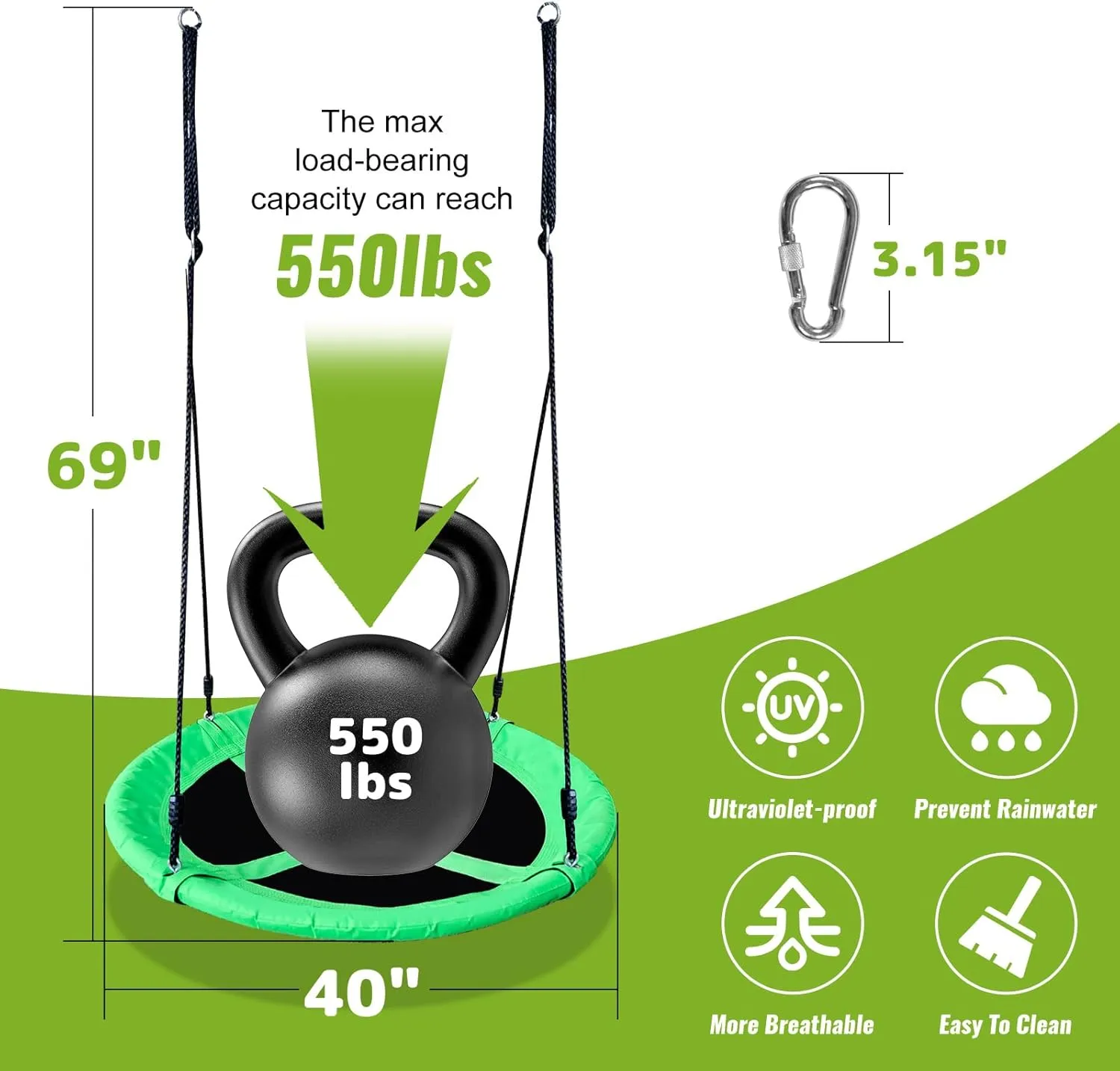 Saucer Swing for Kids - 40 Inch Outdoor Tree Swing with 660 lb Weight Capacity, 900D Oxford Waterproof Fabric and Hooks