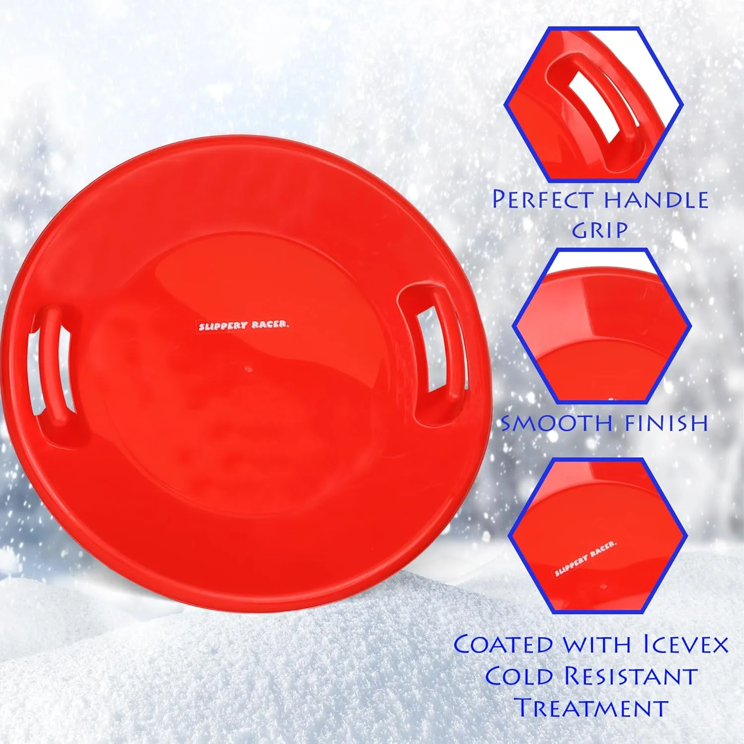 Slippery Racer Heavy-Duty Cold Resistant Downhill Pro Adults and Kids Plastic Outdoor Winter Saucer Disc Snow Sled with Handles
