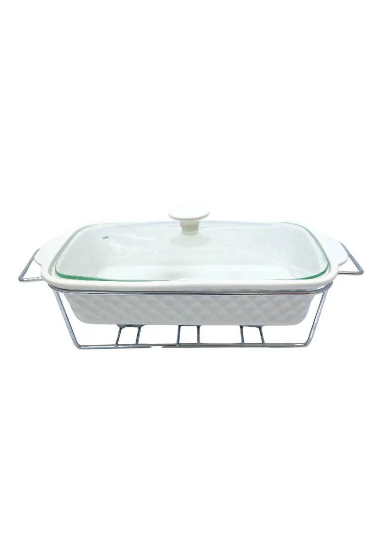 Slique Ceramic Oval 3-Burner Casserole Dish 2.9L with Glass Lid and Chrome Stand