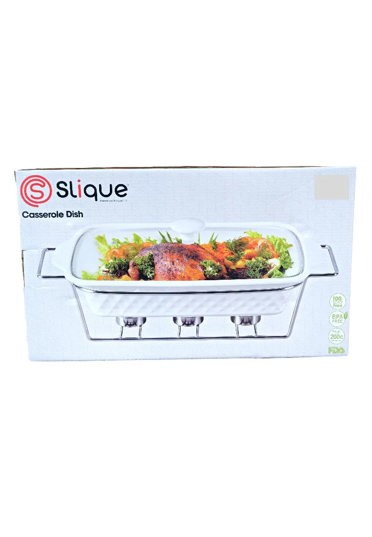 Slique Ceramic Oval 3-Burner Casserole Dish 2.9L with Glass Lid and Chrome Stand
