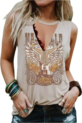 Summer Deep V Neck Tank Tops for Women Western Country Sleeveless Tee Shirts Teen Girls Sexy Casual Concert Tops Outfits