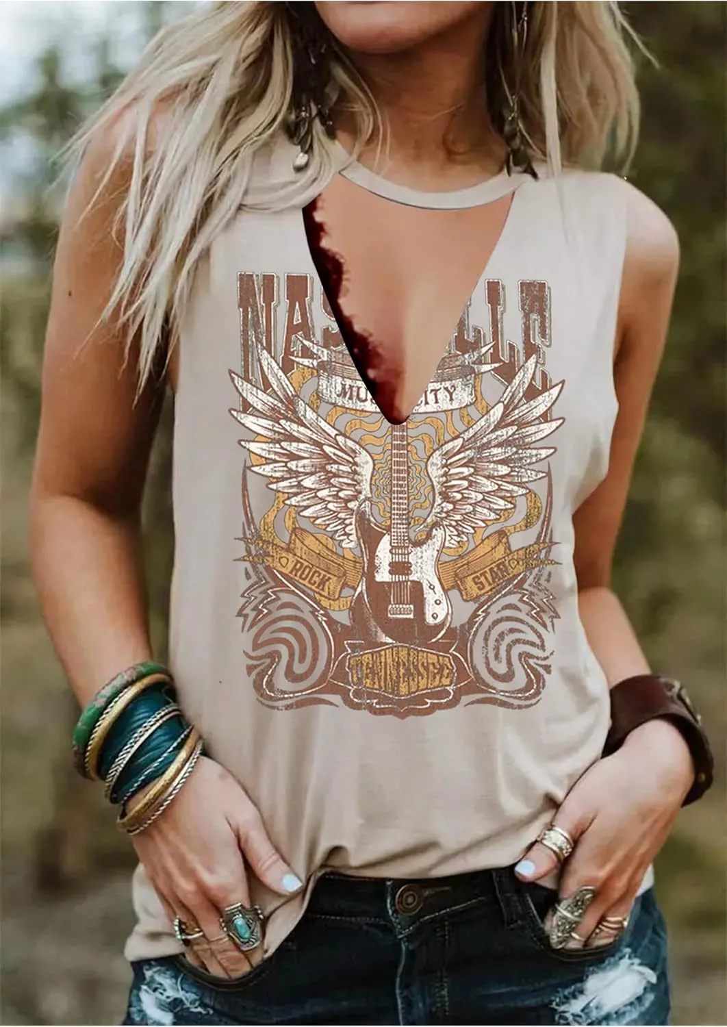Summer Deep V Neck Tank Tops for Women Western Country Sleeveless Tee Shirts Teen Girls Sexy Casual Concert Tops Outfits