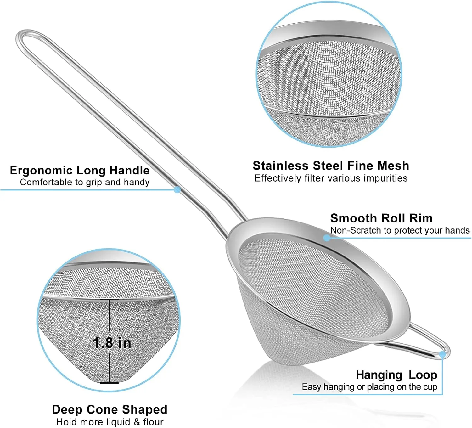 TeamFar Fine Mesh Strainer Set of 2, 3.3 Stainless Steel Small Conical Cone Mesh Tea Strainer for Cocktails Coffee Juice Tea, Healthy & Easy Clean, Long Handle & Hanging Loop, Silver