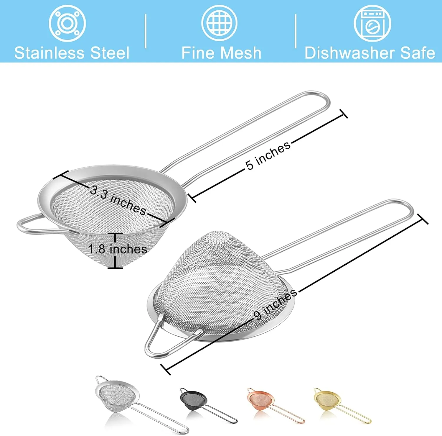 TeamFar Fine Mesh Strainer Set of 2, 3.3 Stainless Steel Small Conical Cone Mesh Tea Strainer for Cocktails Coffee Juice Tea, Healthy & Easy Clean, Long Handle & Hanging Loop, Silver