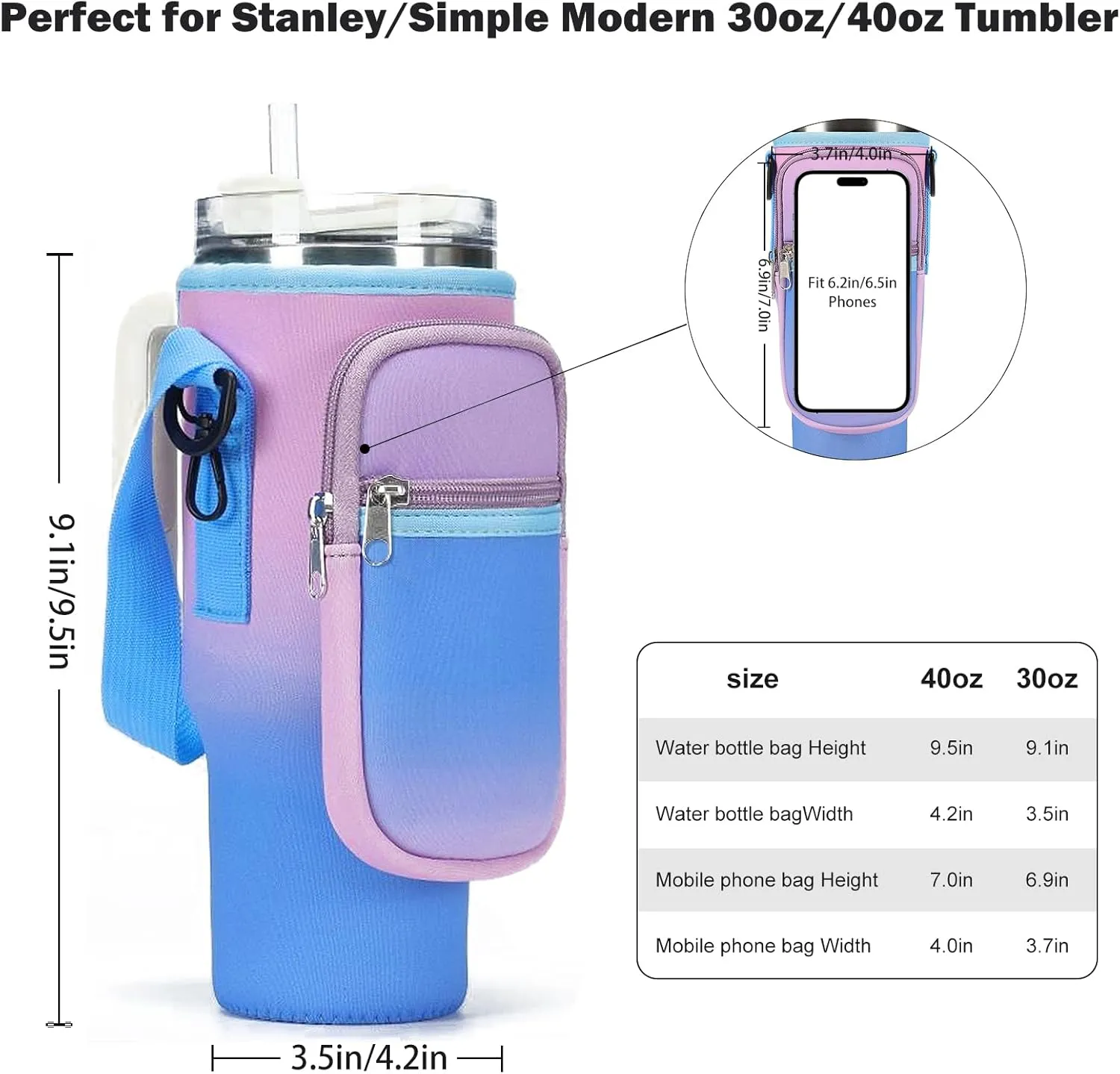 Water Bottle Carrier Bag for Stanley 40/30 oz Tumbler with Phone Pocket Neoprene Water Bottle Holder with Shoulder & Handheld Strap Stanley Cup Accessories