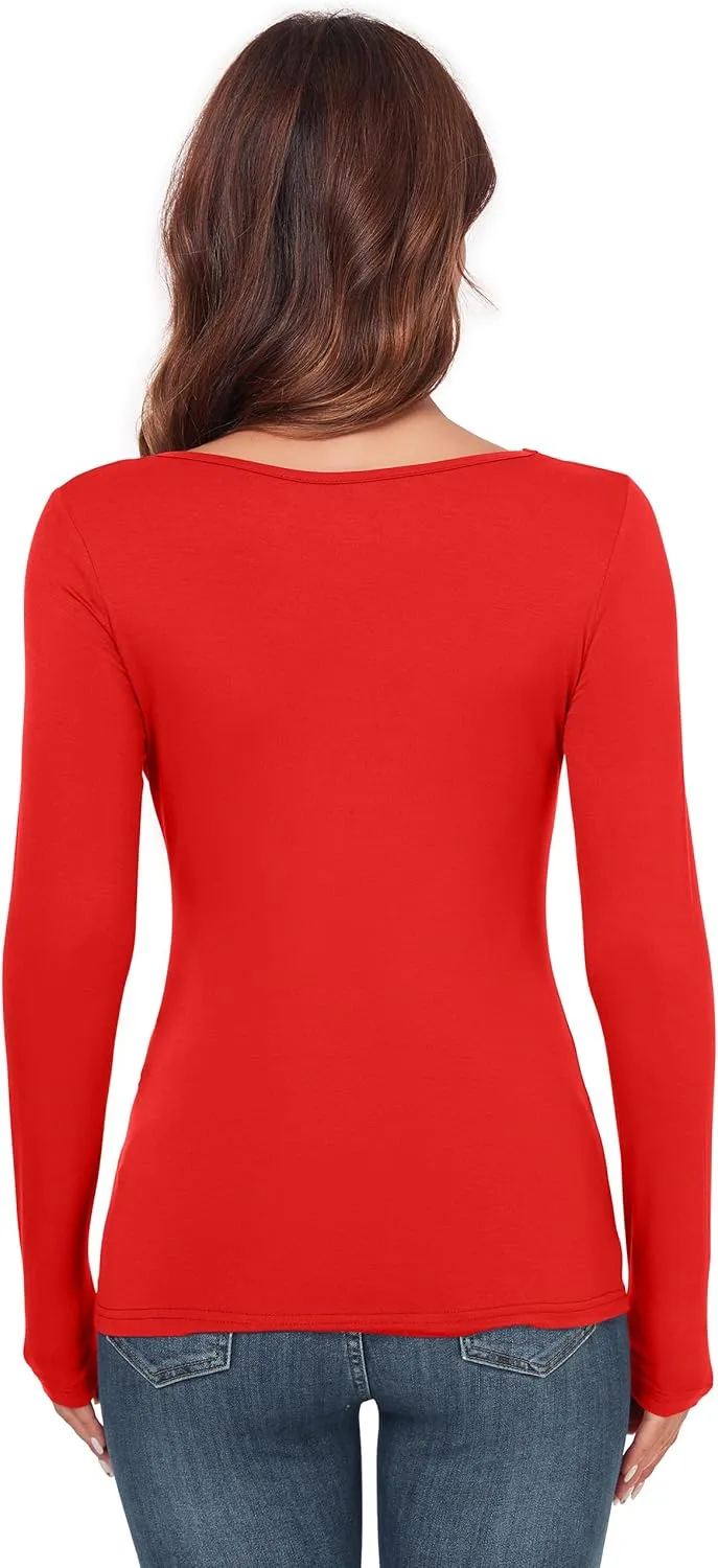 Women's Scoop Neck Tops Long Sleeve Slim Fit T Shirt Thermal Blouse Basic Layer Shirts