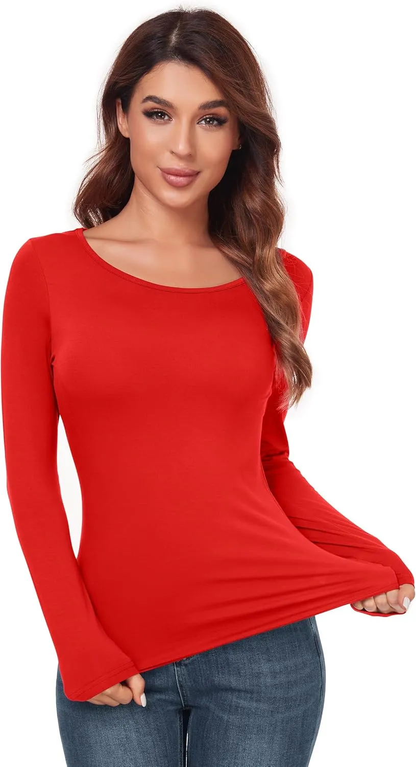 Women's Scoop Neck Tops Long Sleeve Slim Fit T Shirt Thermal Blouse Basic Layer Shirts