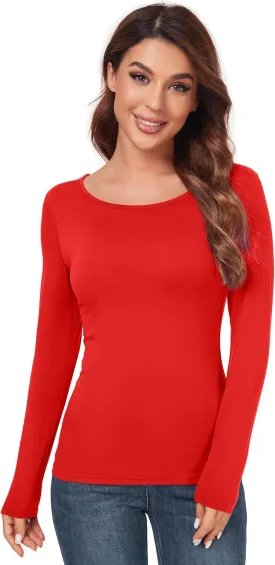 Women's Scoop Neck Tops Long Sleeve Slim Fit T Shirt Thermal Blouse Basic Layer Shirts