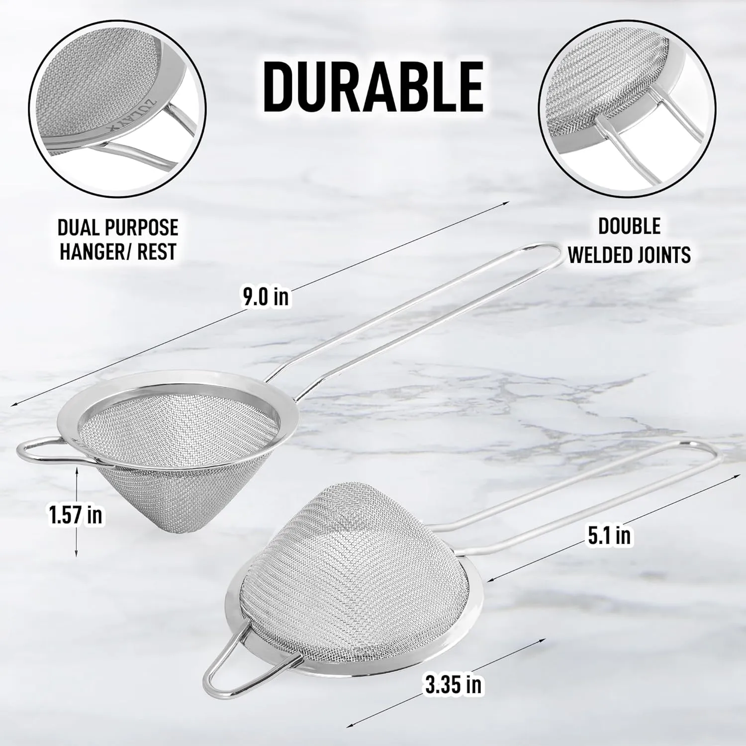 Zulay Kitchen 304 Stainless Steel Fine Mesh Strainer For Kitchen - Sieve Sifters For Food, Tea, Rice, Oil, Noodles, Fruits, Vegetables - Rust-Proof, Easy to Clean Drink Strainer (Silver)